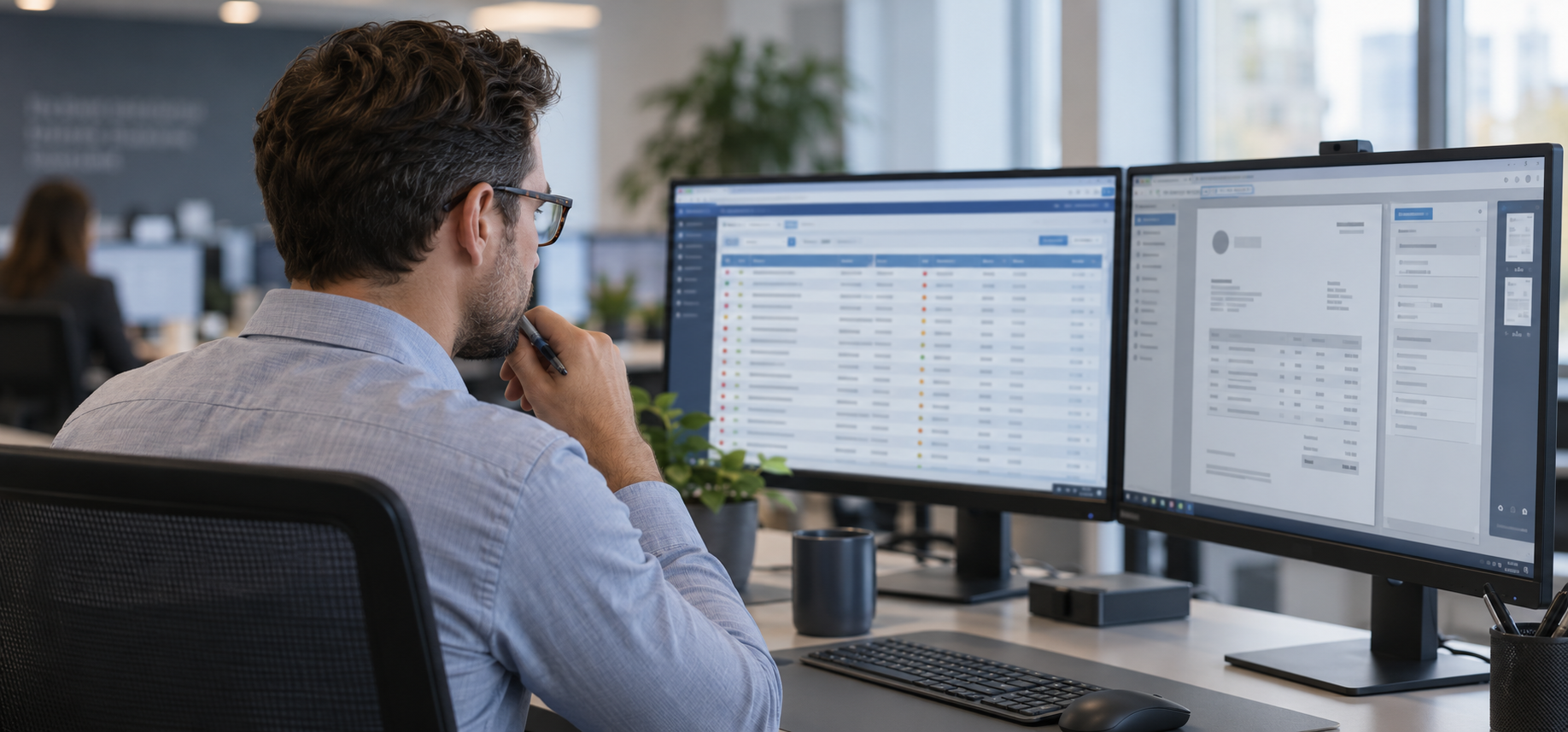 Finance analyst reviewing an invoice exception worklist across two monitors