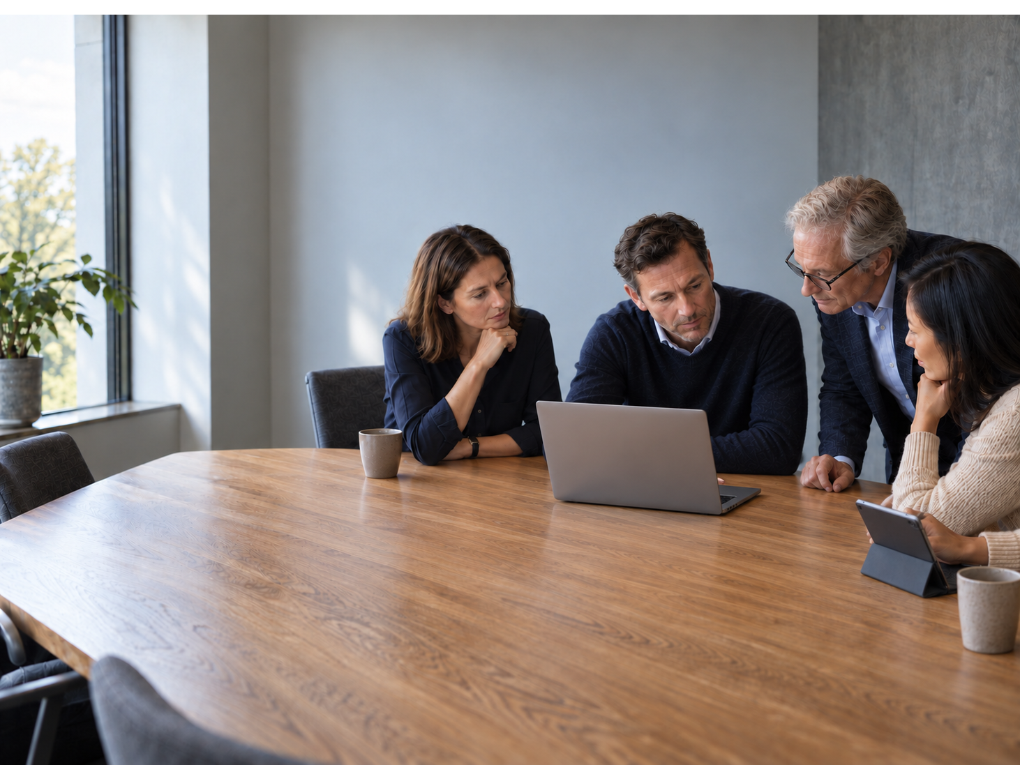 Optima consultants and a client reviewing work together at a meeting table
