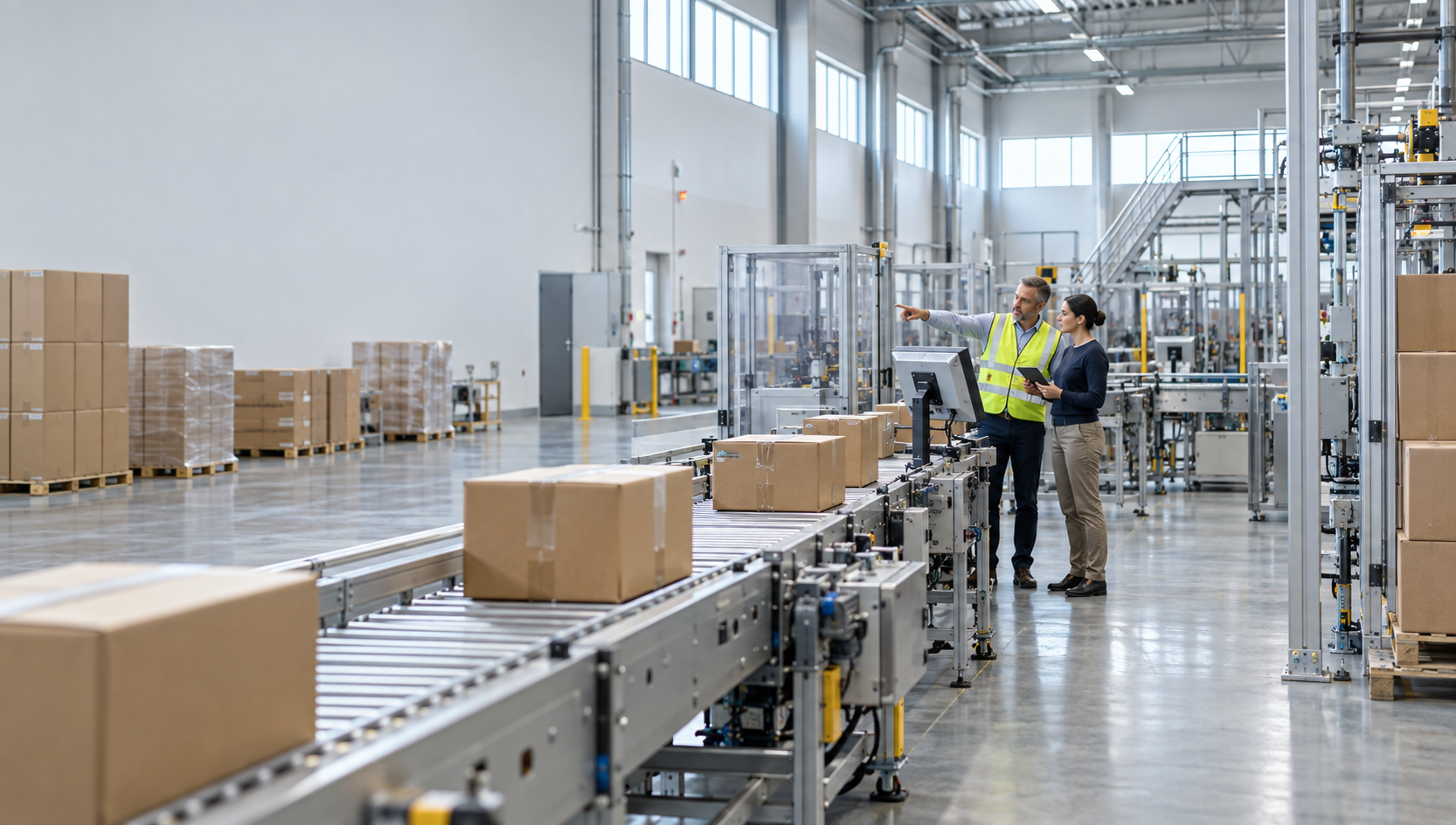 Plant operations manager and consultant at a line-side terminal in a packaging hall
