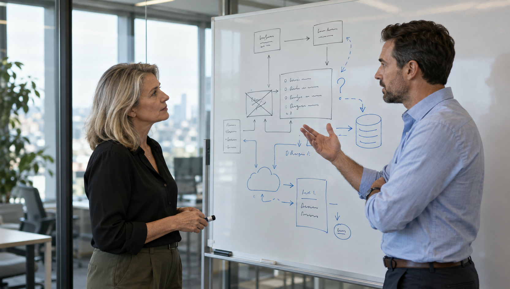 Two senior leaders debating a systems landscape sketched on a whiteboard